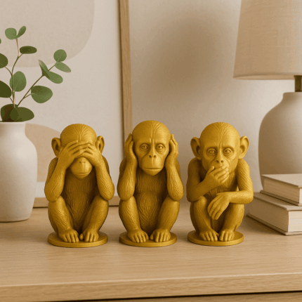 Trio Macacos Sábios Dourados em PLA cada peça  7,3cm